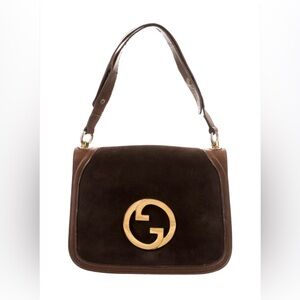 Vintage 80s Gucci Blonde Brown Suede Shoulder Bag with Gold Logo